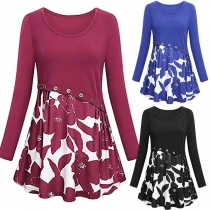 Fashion Printed Spliced Hem Long Sleeve Round Neck T-shirt Dress