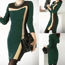 OL Style Long Sleeve Round Neck Slim Fit Contrast Color Dress