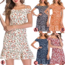 Sexy Off-shoulder Ruffle Hem Printed Sling Dress