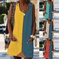 Fashion Contrast Color Round-neck Sleeveless Side Pockets Dress