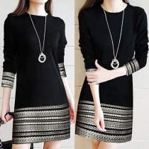 Fashion Contrast Color Round-neck Long Sleeve Slim Fit Printed Dress