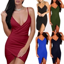 Fashion Deep V-neck Backless Sleeveless Twisting Hemline Dress
