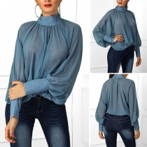 Fashion Solid Color High Neck Long Sleeve Batwing Sleeve Chiffon Shirt