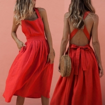 Fashion Solid Color Sleeveless Backless Pleated Hemline Dress