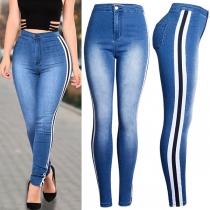 Fashion High Waist Slim Fit Striped Spliced Jeans