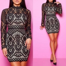 Sexy Long Sleeve Round Neck Slim Fit Hollow Out Lace Dress
