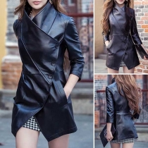 Fashion Long Sleeve Stand Collar Oblique-button PU Leather Windbreaker Coat