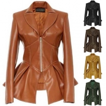 Fashion Solid Color Long Sleeve Irregular Hem PU Leather Coat