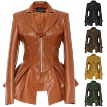 Fashion Solid Color Long Sleeve Irregular Hem PU Leather Coat
