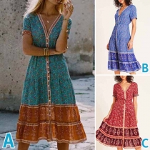Bohemian Style Short Sleeve V-neck Printed Dress