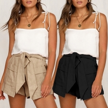 Fashion Solid Color Lace-up High Waist Shorts