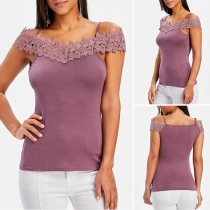 Sexy Off-shoulder Lace Spliced Solid Color Sling T-shirt