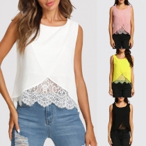 Fashion Solid Color Sleeveless Round Neck Lace Spliced Hem Top
