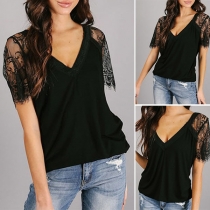 Sexy Lace Spliced Short Sleeve V-neck T-shirt