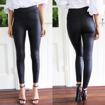 Fashion Solid Color High Waist Slim Fit PU Leather Pants 