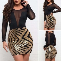 Sexy Contrast Color Round-neck Long Sleeve Gauze Spliced Paillette Dress