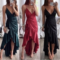 Sexy Deep V-neck Solid Color Sleeveless Slim Fit Oblique Hem Dress