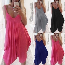 Sexy Deep V-neck Irregular Hem Solid Color Sling Dress