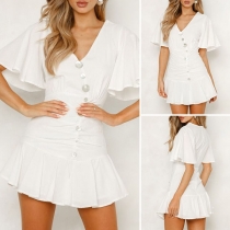 Sweet Style Lotus Sleeve Ruffle Hem V-neck Solid Color Dress