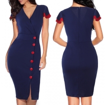 Fashion Contrast Color Deep V-neck Side-breasted Slit Hemline Zipper Dress