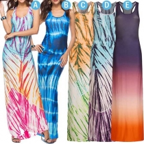 Fashion Gradient Color Round-neck Sleeveless Printed Dress