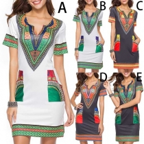 Fashion Contrast Color Deep V-neck Side Pockets Short Sleeve Dress
