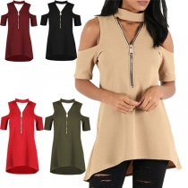 Sexy Off-shoulder Short Sleeve Zipper V-neck High-low Hem T-shirt 