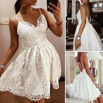 Sexy Backless V-neck High Waist Sling Lace Dress