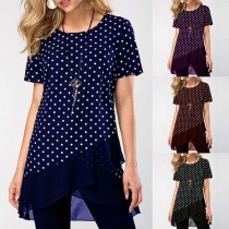 Fashion Short Sleeve Round Neck Dots Printed Gauze Spliced Hem T-shirt