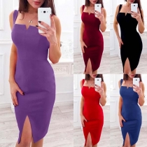 Sexy Slit Hem Square Collar Solid Color Slim Fit Dress