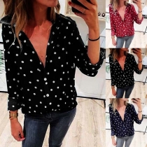 Fashion Long Sleeve POLO Collar Dots Printed Shirt 