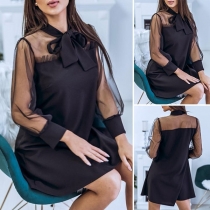 Sexy See-through Gauze Spliced Long Sleeve Lace-up Bowknot Dress