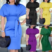 OL Style Short Sleeve Solid Color Slim Fit Dress