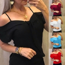 Sexy Off-shoulder Short Sleeve Solid Color Sling Top 