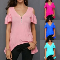 Sexy Off-shoulder Lotus Sleeve V-neck Irregular Hem T-shirt 