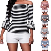 Sexy Off-shoulder Boat Neck Trumpet Sleeve Striped T-shirt 
