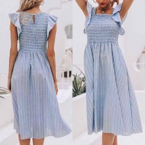 Sweet Style Sleeveless Square Collar Ruffle Striped Dress