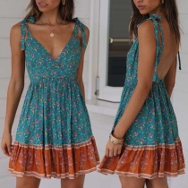 Sexy Backless Deep V-neck Printed Sling Dress