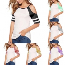 Sexy Off-shoulder Short Sleeve Contrast Color T-shirt 