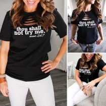 Casual Style Short Sleeve Round Neck Letters Printed Ripped T-shirt 