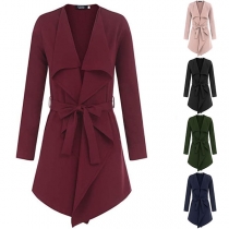 OL Style Long Sleeve Lapel Windbreaker Coat with Waist Strap 
