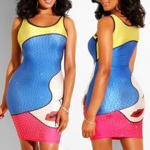 Fashion Sleeveless Round Neck Printed Rhinestone Dress