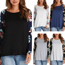 Fashion Printed Spliced Long Sleeve Round Neck T-shirt