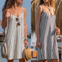 Sexy Backless V-neck Striped Sling Dress