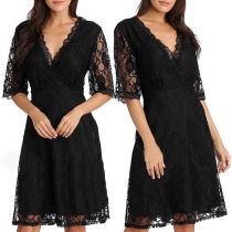 Sexy V-neck Half Sleeve High Waist Lace Dress