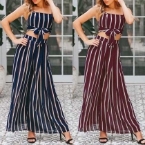 Sexy Backless Striped Sling Crop Top + High Waist Wide-leg Pants Two-piece Set 