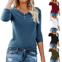 Fashion Solid Color Long Sleeve V-neck T-shirt 