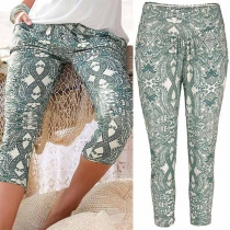Ethnic Style Middle-waist Printed Capri Pants