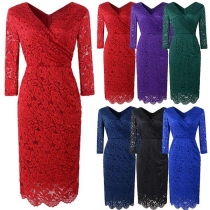 Elegant Solid Color 3/4 Sleeve V-neck Slim Fit Lace Dress