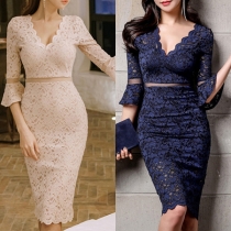 Elegant Solid Color 3/4 Sleeve V-neck Slim Fit Lace Dress